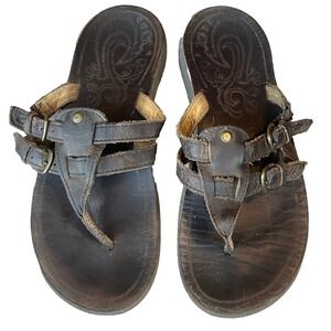 OluKai Hanoka Toe Post Thongs Sandals Stitched Brown Leather Womens 8 EU 38